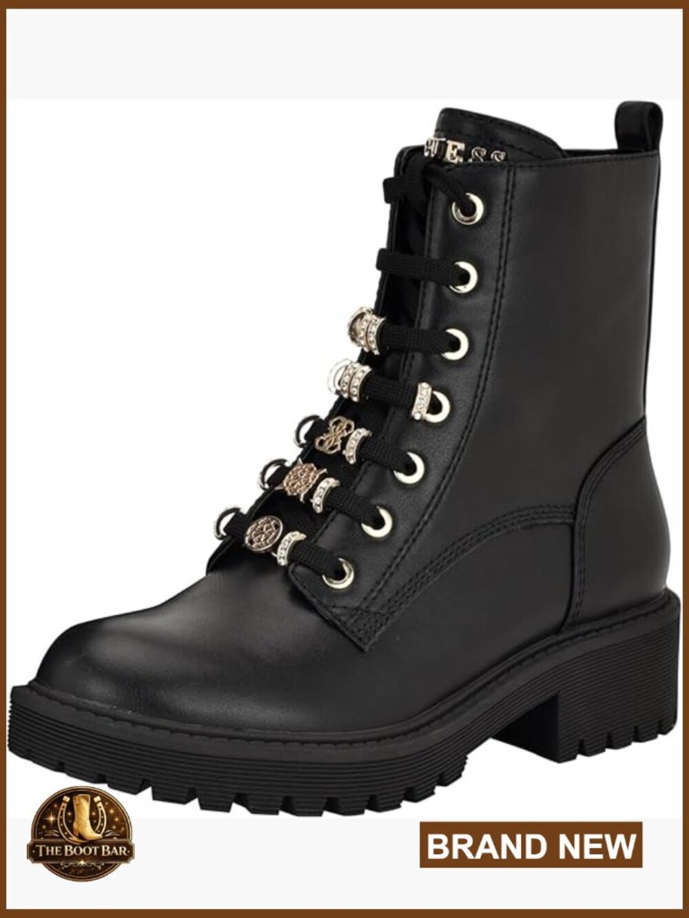 Charm Combat Booties Lace-Up Ankle Boots Faux Leather Zip Closure Round Toe